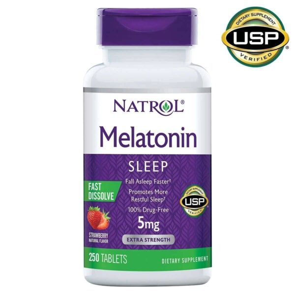 Natrol Mélatonine 5mg, Complément alimentaire aromatisé à la fraise pour un sommeil réparateur, 250 comprimés à dissolution rapide