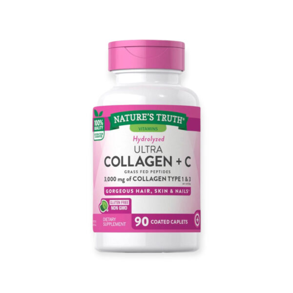Nature’s Truth Peptides de collagène hydrolysés, 3000 mg | 90 caplets | Type 1 et 3 avec vitamine C