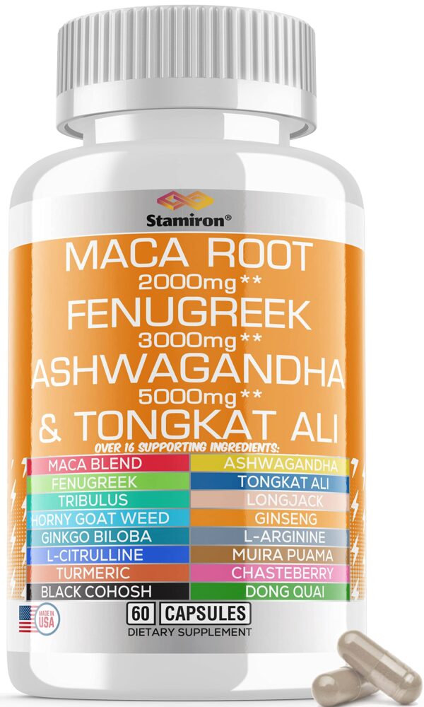 Racine de Maca 2000mg Fenugrec 3000mg Ashwagandha 5000mg, 60 capsules