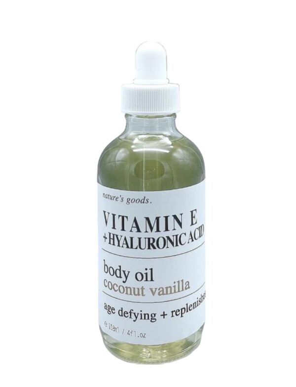 Nature’s Goods Vitamine E et acide hyaluronique Huile pour le corps Noix de coco vanille, 118 ML